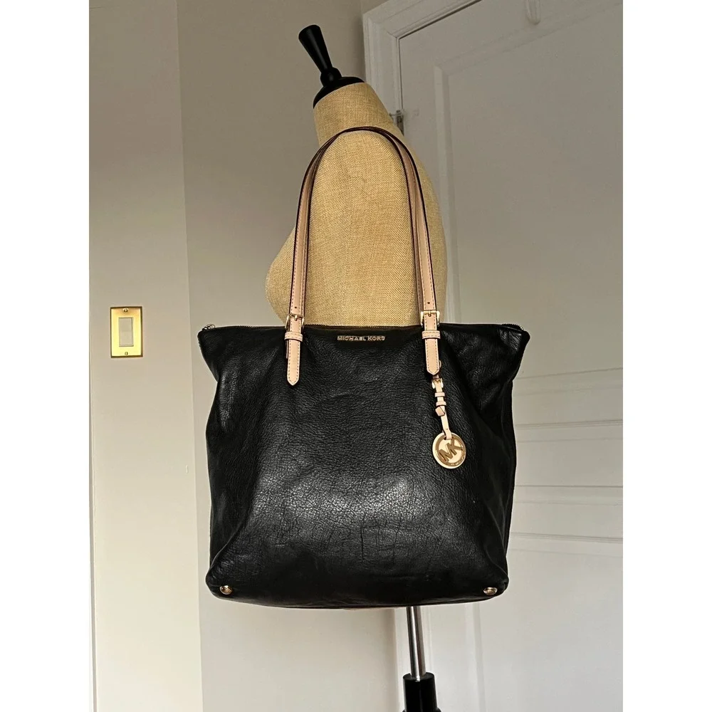 Michael Kors‎ Bedford Black Pebbled Leather Tote Bag Tan Straps Gold Hardware